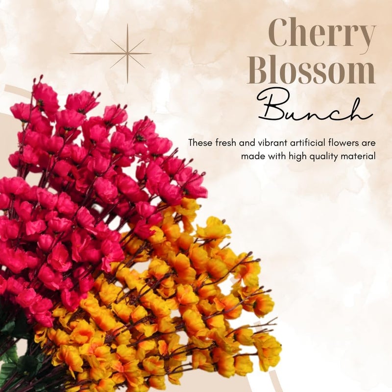 Sheux Artificial Plant Cherry Blossom Combo (Dark Pink & Yellow) Home Decor, Wedding & Events Decoration, Gifting Bouquet, Artificial Plant for Decoration(2 Pieces) - Image 3