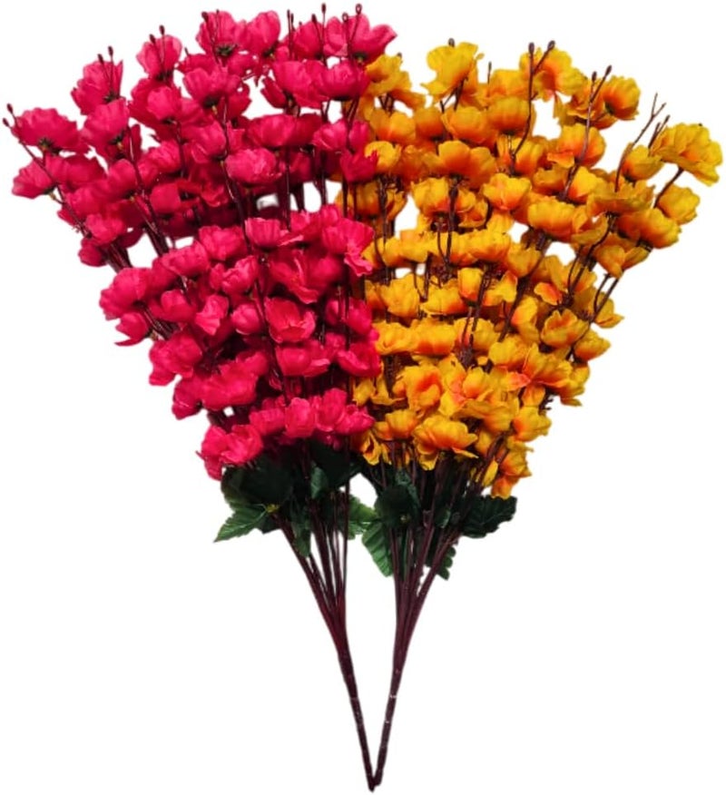 Sheux Artificial Plant Cherry Blossom Combo (Dark Pink & Yellow) Home Decor, Wedding & Events Decoration, Gifting Bouquet, Artificial Plant for Decoration(2 Pieces) - Image 1