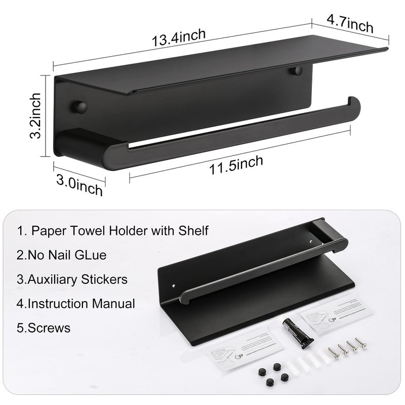DUFU Paper Towel Holder Wall Mount for Kitchen, Self-Adhesive Paper Towel Holder with Shelf for Bathroom, Anti-Rust Aluminum, No Drill or Wall-Mounted with Screws (Black) - Image 5