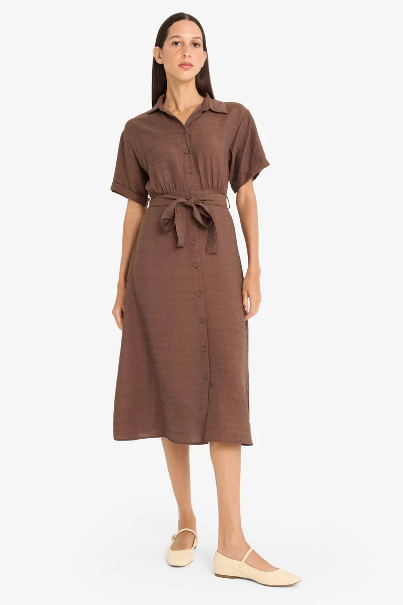 ديفاكتو Shirt Collar Belted Short Sleeve Midi Dress