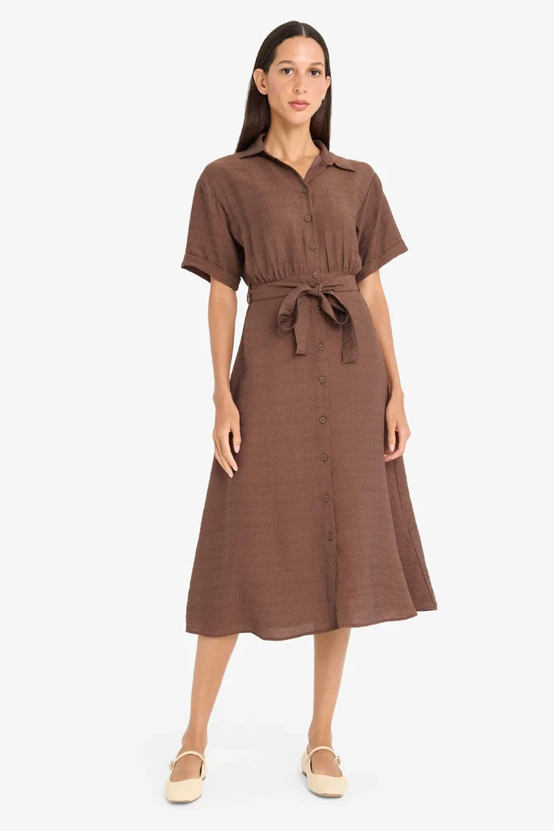 ديفاكتو Shirt Collar Belted Short Sleeve Midi Dress