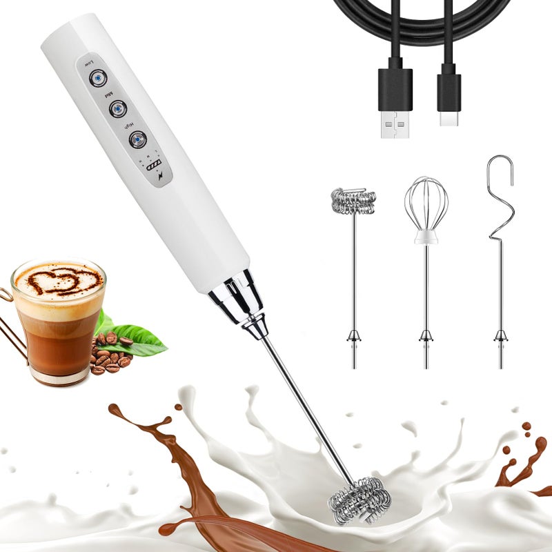 Nahida White Milk Frother Wand for Coffee Frother Handheld Rechargeable Electric Whisk with 3 Heads 3 Speeds Drink Mixer Coffee Frother Foam Maker For Latte Cappuccino Hot Chocolate Egg