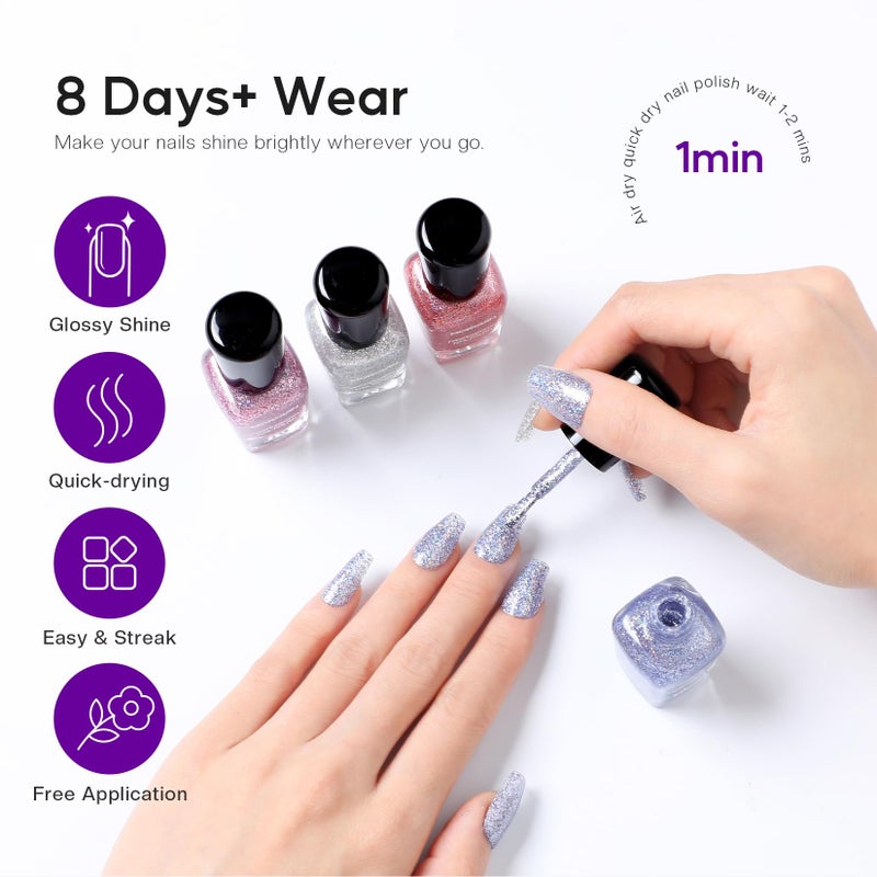 Morovan Glitter Nail Polish Set: Quick Dry Nail Polish Kit Sparkle Gold Silver Black Sparkly Fingernail Bulk Flash Diamond Regular Manicure Gifts for Women - Image 4