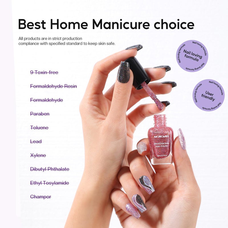 Morovan Glitter Nail Polish Set: Quick Dry Nail Polish Kit Sparkle Gold Silver Black Sparkly Fingernail Bulk Flash Diamond Regular Manicure Gifts for Women - Image 5