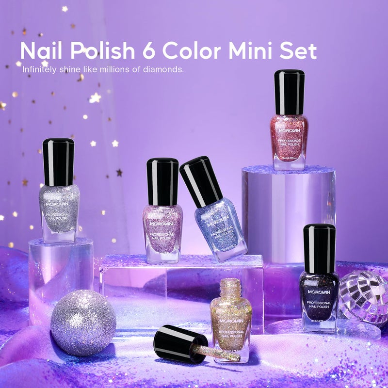 Morovan Glitter Nail Polish Set: Quick Dry Nail Polish Kit Sparkle Gold Silver Black Sparkly Fingernail Bulk Flash Diamond Regular Manicure Gifts for Women - Image 2