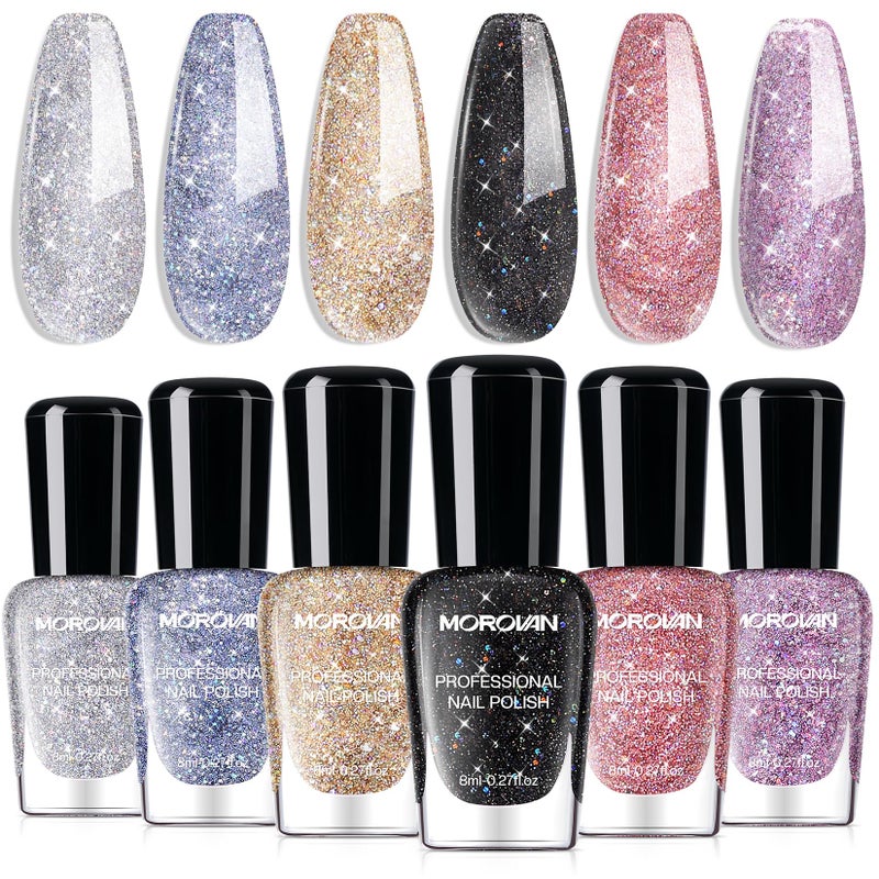 Morovan Glitter Nail Polish Set: Quick Dry Nail Polish Kit Sparkle Gold Silver Black Sparkly Fingernail Bulk Flash Diamond Regular Manicure Gifts for Women - Image 1