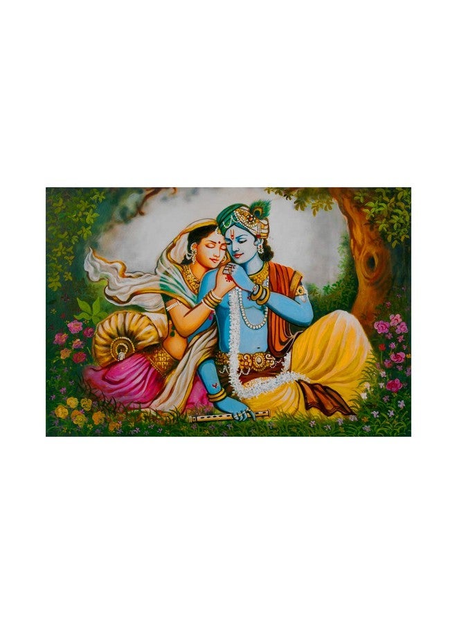 999STORE Wooden Stretched Lord Krishna Paintings Canvas Painting Radha Krishna Photo Frame Radha Sitting Between The Flowers Wall Frames Room Décor (24X36 Inches Strectched Canvas) Flp24360070 - Image 2