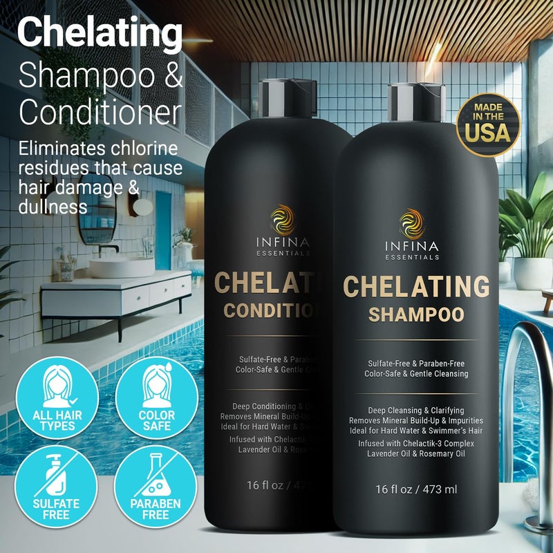 INFINA ESSENTIALS Chelating Hard Water Shampoo and Conditioner Set with Chelactik-3 & Rosemary Oil - Color Safe Metal Detox Shampoo and Conditioner for Mineral Build-Up & Swimmers Hair - 16 fl oz each - Image 3