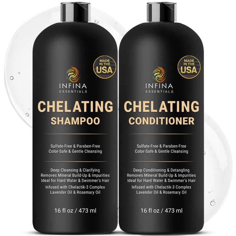 INFINA ESSENTIALS Chelating Hard Water Shampoo and Conditioner Set with Chelactik-3 & Rosemary Oil - Color Safe Metal Detox Shampoo and Conditioner for Mineral Build-Up & Swimmers Hair - 16 fl oz each - Image 1