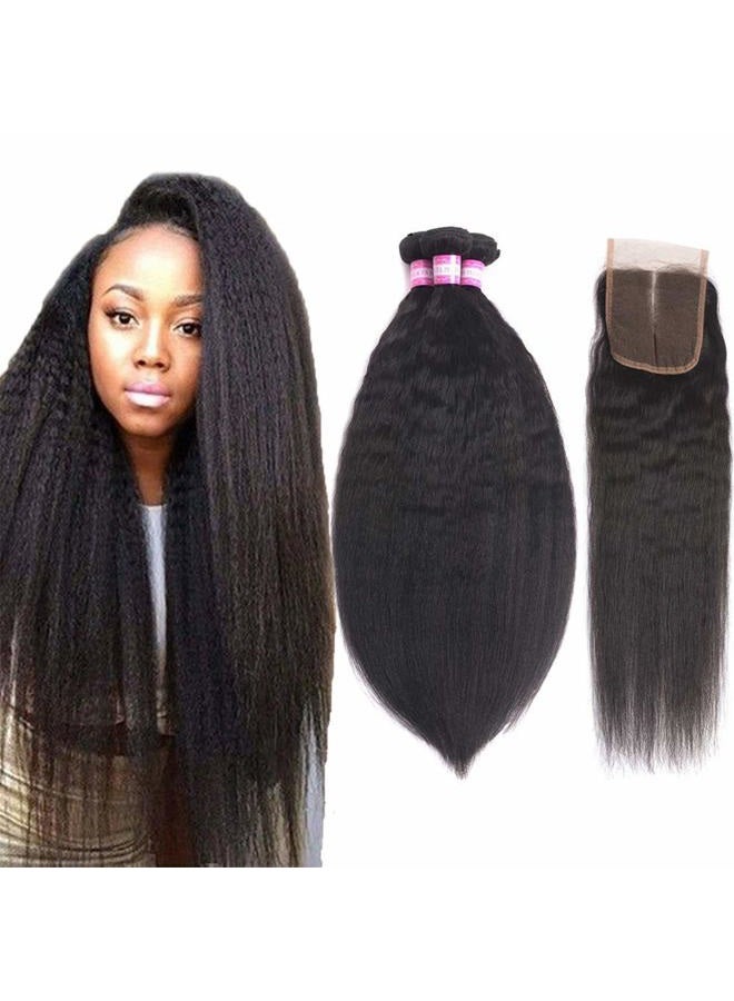 Odir Kinky Straight Bundles with Closure Brazilian Human Hair 12 14 16+10 Inch Unprocessed 9A Yaki Straight Hair 3 Bundles with 4x4 Lace Closure Natural Color - Image 1