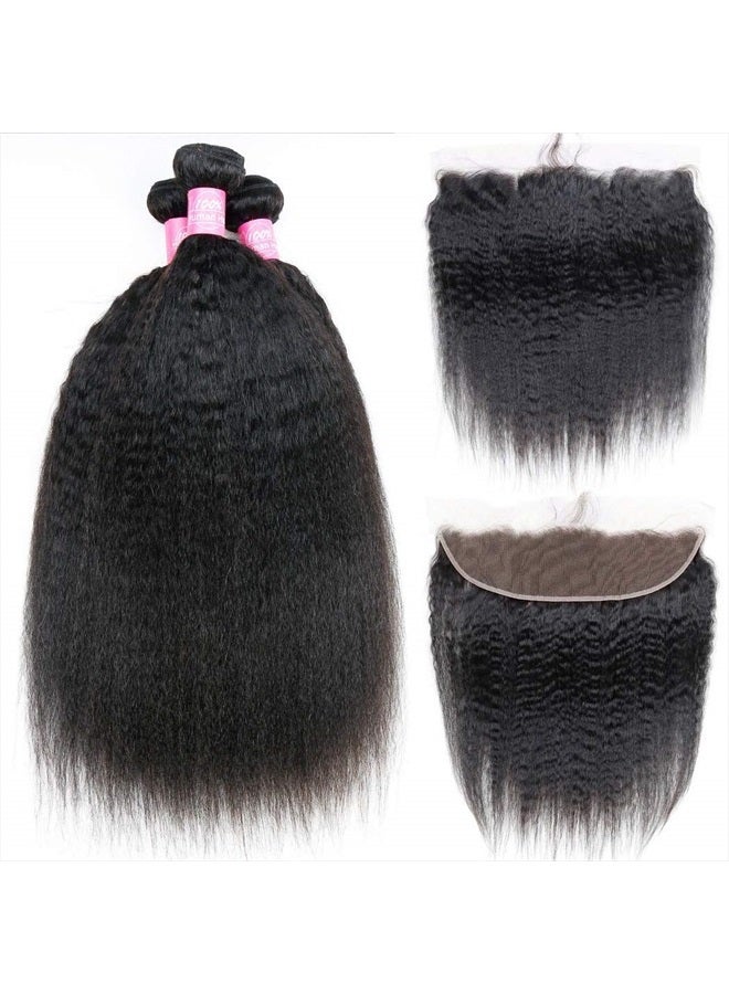 Odir Kinky Straight Bundles with Closure Brazilian Human Hair 12 14 16+10 Inch Unprocessed 9A Yaki Straight Hair 3 Bundles with 4x4 Lace Closure Natural Color - Image 2