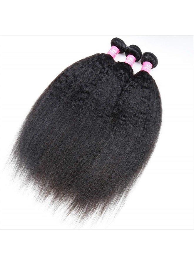 Odir Kinky Straight Bundles with Closure Brazilian Human Hair 12 14 16+10 Inch Unprocessed 9A Yaki Straight Hair 3 Bundles with 4x4 Lace Closure Natural Color - Image 3