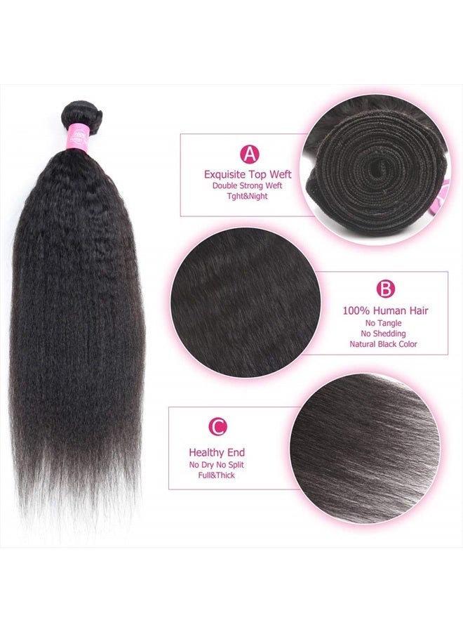 Odir Kinky Straight Bundles with Closure Brazilian Human Hair 12 14 16+10 Inch Unprocessed 9A Yaki Straight Hair 3 Bundles with 4x4 Lace Closure Natural Color - Image 4