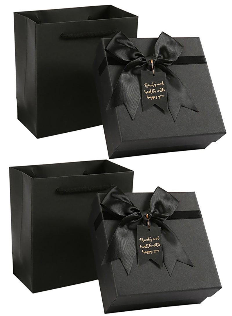 2 Sets of Gift Boxes with Hand Straps and Raffia,Black 15X15X7cm Gift Boxes,Bridesmaid Proposal Box with Ribbon,Kraft Paper Boxes for Wedding, Packaging,Present,Birthday,Party - Image 1
