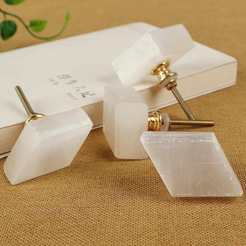 Jic Gem 4 Pack White Selenite Cabinet Knobs Rhombus Crystal Drawer Knobs Natural Gemstone Door Handle Pulls Cupboard Dresser Kitchen Cabinet Hardware - Image 2
