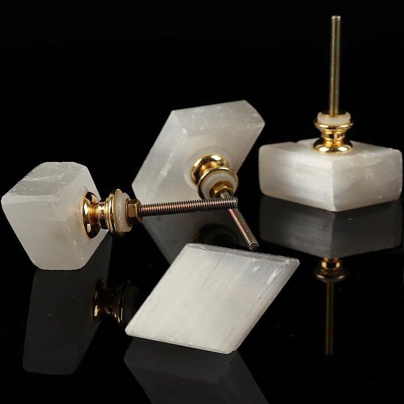 Jic Gem 4 Pack White Selenite Cabinet Knobs Rhombus Crystal Drawer Knobs Natural Gemstone Door Handle Pulls Cupboard Dresser Kitchen Cabinet Hardware - Image 1