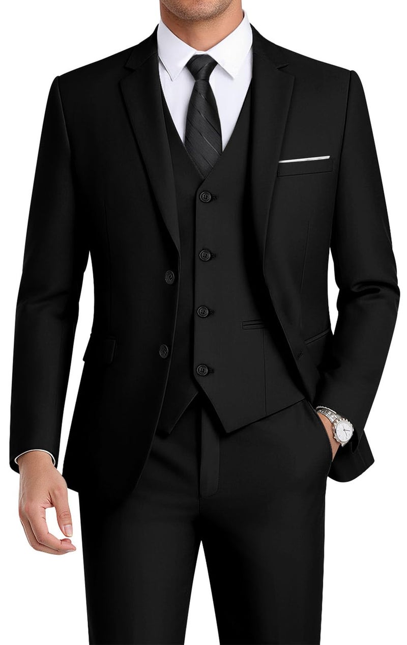 WEEN CHARM Suits for Men,3 Piece Slim Fit Suit Set with 2-Button Blazer,Vest,Pants,Tuxedo for Wedding,Prom,Party,Business Black - Image 1