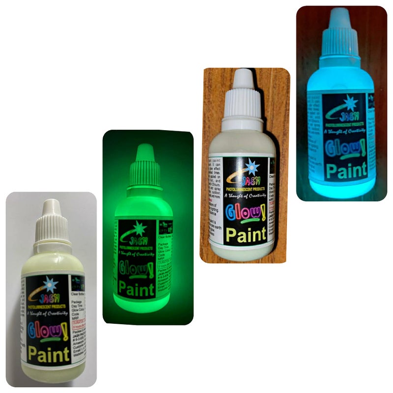 JASH Night Glow Paint 2 Colours Yellow-Green and Blue-Green, 30gm (50ml) Each, Total 60gm - Water Base Acrylic Paint for Multiple Surfaces, Fast-Drying, 8-12 Hours Glow Time - Image 1