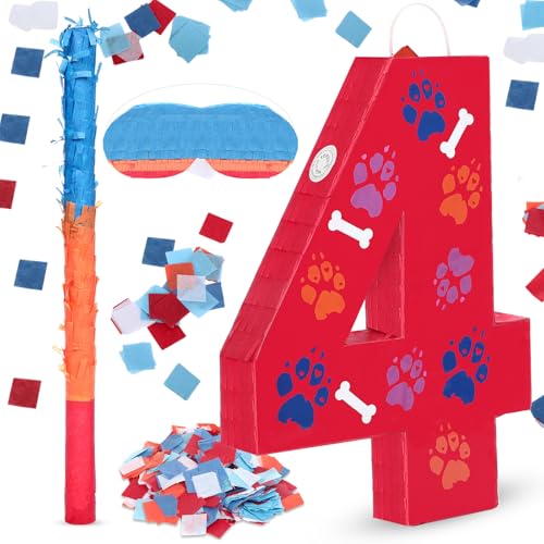 HI-BOOM Hiboom 137 Inch Dog Paw Red Piata 4th Birthday Party Decoration Piata with 98 Inch Stick Blindfold Confetti Number 3 4 5 Birthday Themed Gifts for Kid Boy Girl Fun Dog Footprints Bone Photo Prop - Image 1