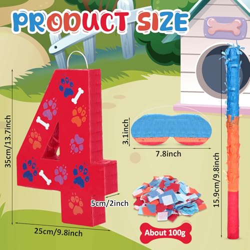 HI-BOOM Hiboom 137 Inch Dog Paw Red Piata 4th Birthday Party Decoration Piata with 98 Inch Stick Blindfold Confetti Number 3 4 5 Birthday Themed Gifts for Kid Boy Girl Fun Dog Footprints Bone Photo Prop - Image 5