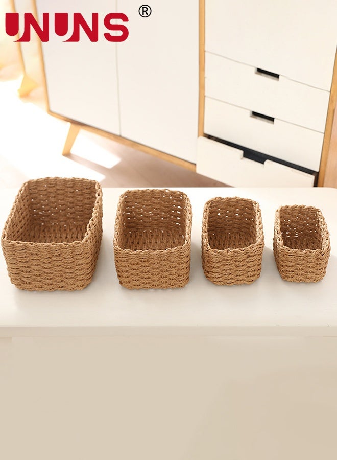 UNUNS 4pcs Woven Storage Basket,Rattan Storage Basket,Handmade Woven Storage Basket,Natural Woven Basket,Hand Woven Baskets Set for Office Cosmetic Desk Drawer Food,Wood - Image 2