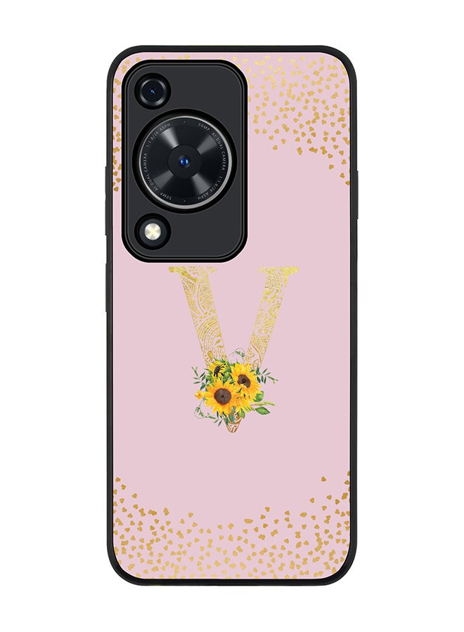 Stylizedd Rugged Black edge case for Huawei nova Y72 / Huawei Enjoy 70 4G, Slim fit Soft Cover Custom Monogram Initial Letter Floral Pattern Alphabet - V (Pink) - Image 1