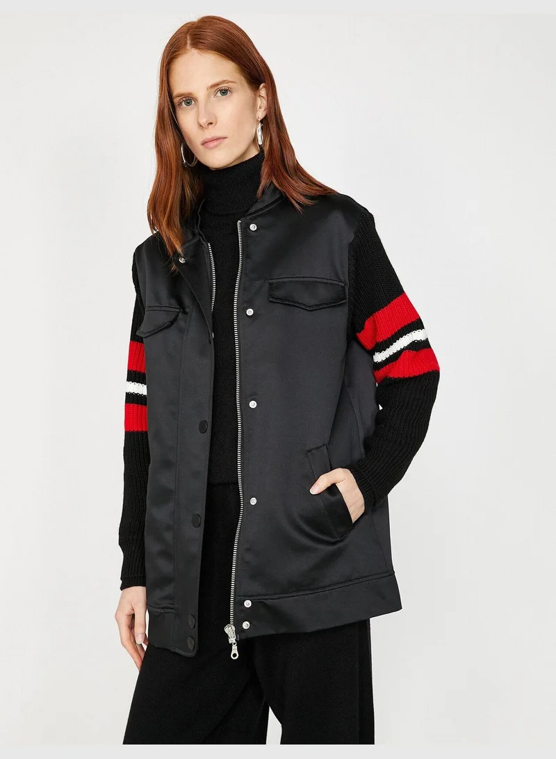 KOTON Zipper Detailed Pocket Detailed Leather Look Coat