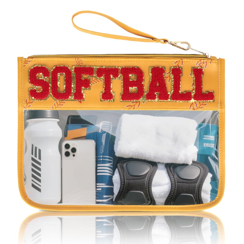 PPeen Softball Gifts Makeup Bag, Softball Stuff Accessories, Portable Toiletry Storage Bag with Chenille Letter Clear Zipper Toiletry Pouch - Image 1