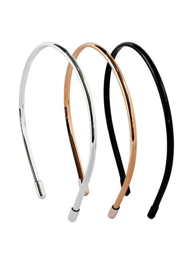 minihope Metallic Color Skinny Headbands for Women and Girls, 3 Pack, Hair Accessories, Black, Silver, Gold - Image 1