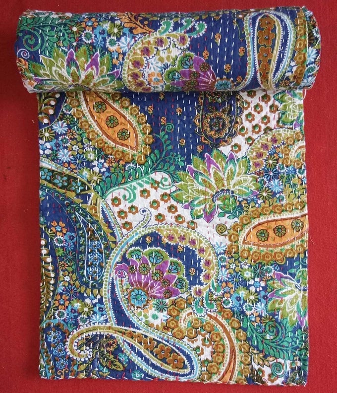 CREATIONS CREATIONS TRADITIONAL ETHNIC KANTHA INDIAN BEDDING EMERALD COTTON TROPICAL FRUIT HAND STITCHED BEDDING BED COVER BY CREATIONS CREATIONS90X108 INCH