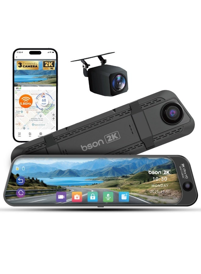 BSON Tri Sense Smart Rear View Mirror Dash Cam, 10-Inch Touchscreen Car DVR, 3 Channel Camera Recorder, Front Rear Inside Dash Camera, GPS Navigation, ADAS, Blind Spot Monitor, Parking Monitor - Image 1