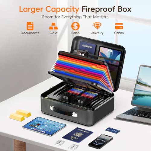 Dcorn Fireproof Document Box with Lock, Waterproof Hard Shell File Organizer with Accordion Folder, Portable Fireproof File Safe Box for Home Office Storage of Documents, Laptop, Cash & Passports - Image 4