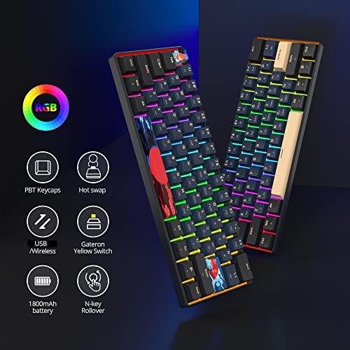 surmen GT68 65% Wireless Mechanical Gaming Keyboard 60 Percent RGB Hot-Swappable 68-Key Compact Keyboard Bluetooth5.0/2.4G/USB with Yellow Switch (Gateron Yellow, Blue Samurai 68) - Image 2