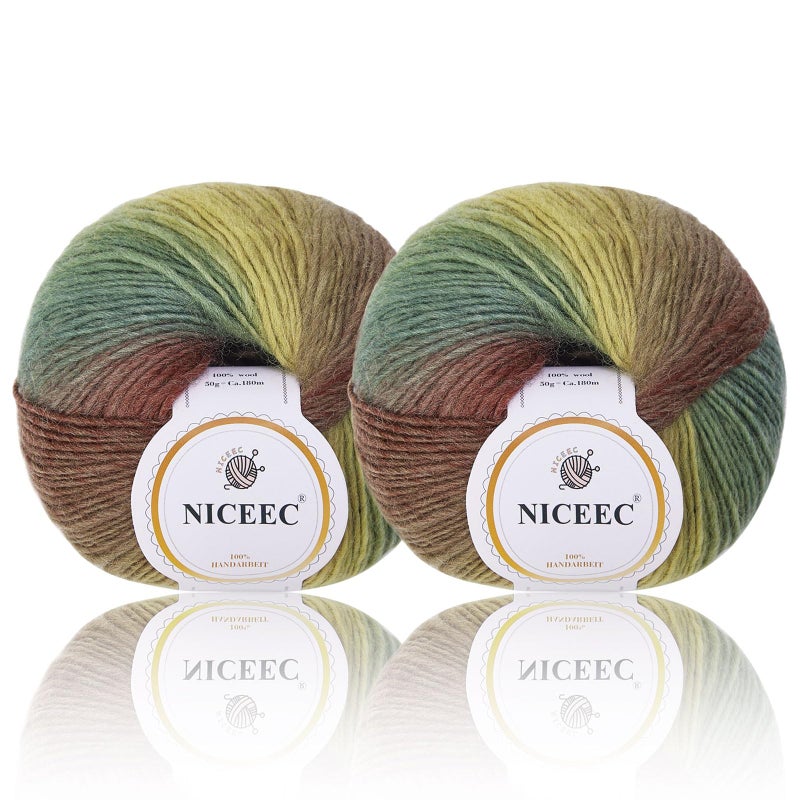 NICEEC 2 Skeins Rainbow Soft Yarn 100% Wool Gradient Multi Color Yarn for Crocheting Knit Total Length 180mÃ—2(196ydsÃ—2,50gÃ—2)-15# - Image 1