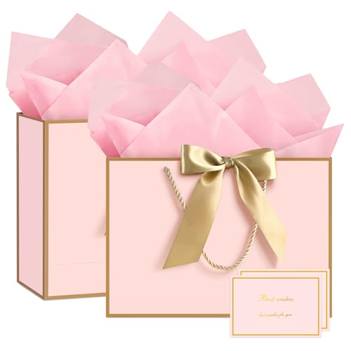JMANNI Small Pink Gift Bags 2Pcs Paper Gift Bag with 4 Tissue Paper and 2 Greeting Cards Present Bags with Handles for Women Girls Birthday Valentines Wedding Party PinkGolden - Image 1