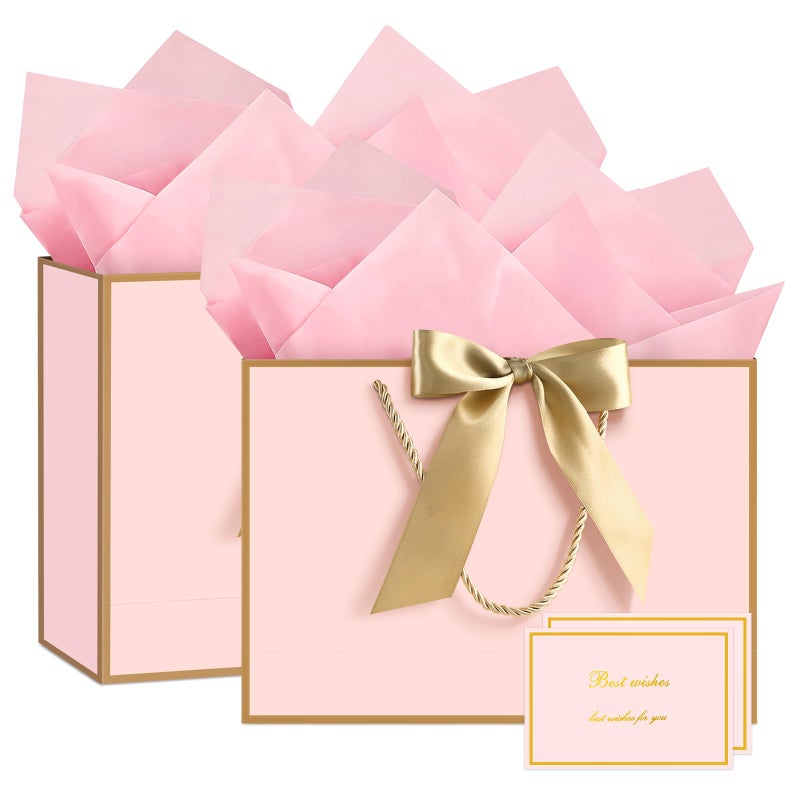 JMANNI Small Pink Gift Bags 2Pcs Paper Gift Bag with 4 Tissue Paper and 2 Greeting Cards Present Bags with Handles for Women Girls Birthday Valentines Wedding Party PinkGolden - Image 2