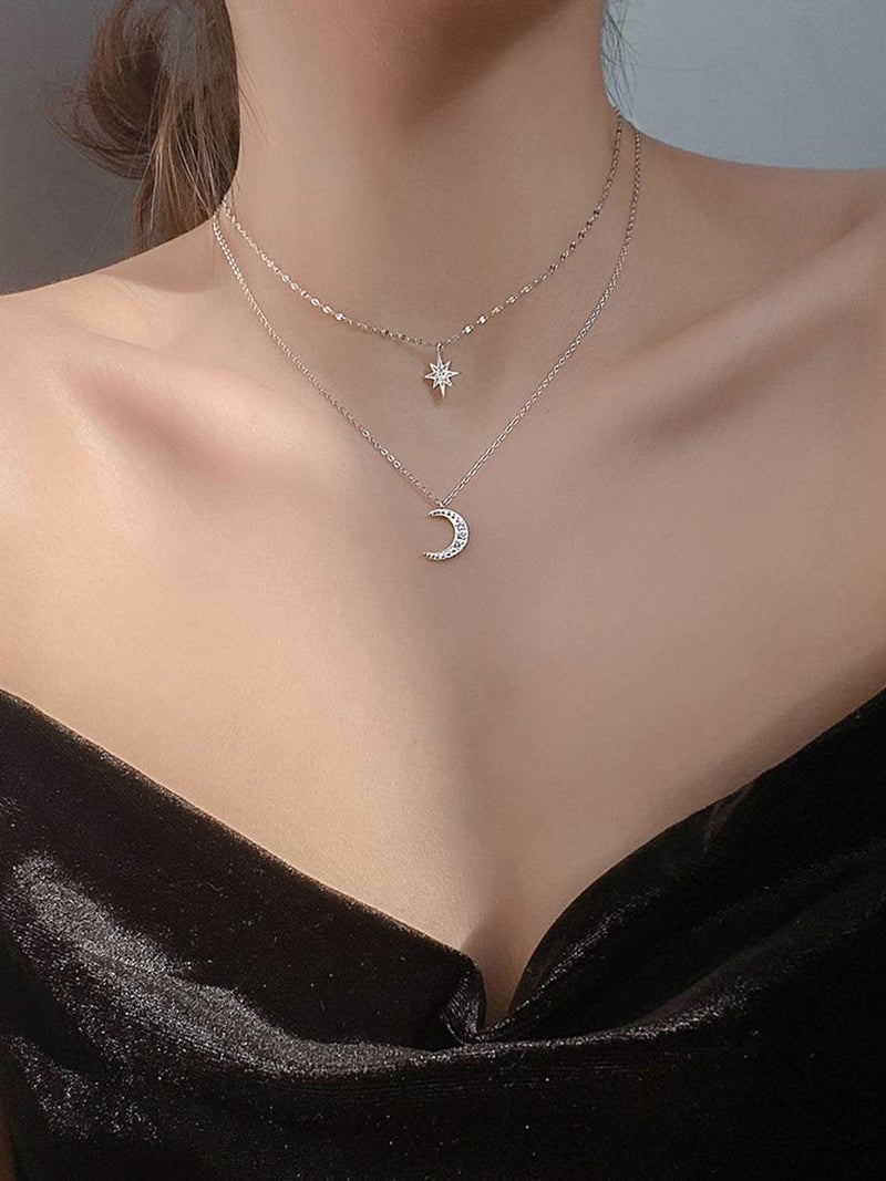 SLUYNZ 925 Sterling Silver Layered Necklace Chain Star Moon Choker Necklace for Women Layering Chain Choker (A-Silver) - Image 2