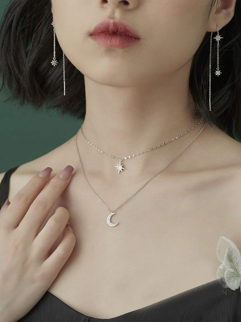 SLUYNZ 925 Sterling Silver Layered Necklace Chain Star Moon Choker Necklace for Women Layering Chain Choker (A-Silver) - Image 3