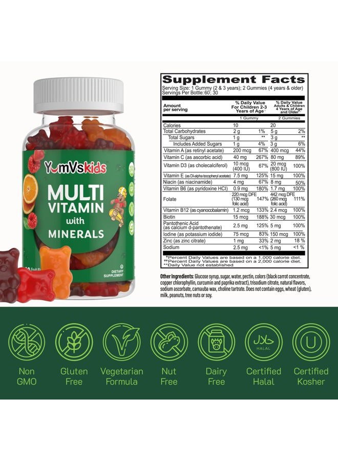 YumVs Kids Multivitamin Gummies - Fruit Flavored Chewable Children's Multivitamin - Kids Vitamins Multivitamin Gummy with 12 Minerals & Vitamins A C D3 E B6 B12 - Kosher Halal Gluten Free (60 Count)