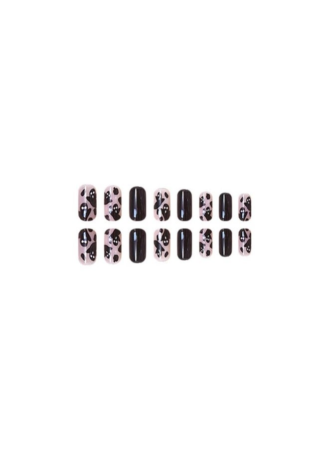 TOGZOM 24Pcs Halloween Press on Nails Short Square Fake Nails Ghost Desige Stick on Nails Glossy Black False Nails Artificial Handmade Full Cover Acrylic Glue on Nail for Women Girl Nail Art Decoration - Image 3