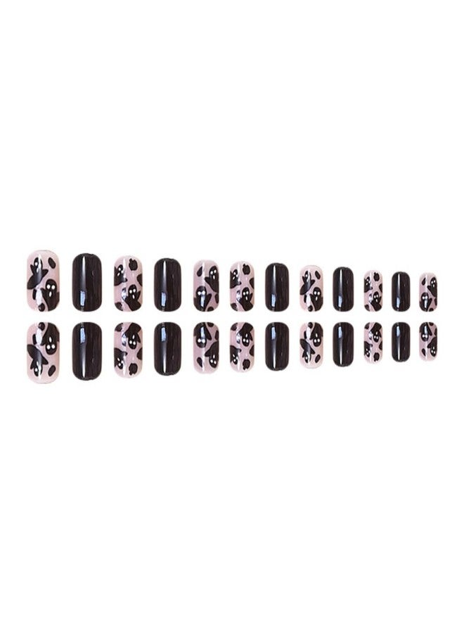 TOGZOM 24Pcs Halloween Press on Nails Short Square Fake Nails Ghost Desige Stick on Nails Glossy Black False Nails Artificial Handmade Full Cover Acrylic Glue on Nail for Women Girl Nail Art Decoration - Image 2