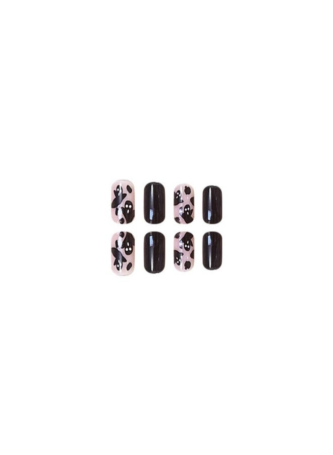 TOGZOM 24Pcs Halloween Press on Nails Short Square Fake Nails Ghost Desige Stick on Nails Glossy Black False Nails Artificial Handmade Full Cover Acrylic Glue on Nail for Women Girl Nail Art Decoration - Image 4