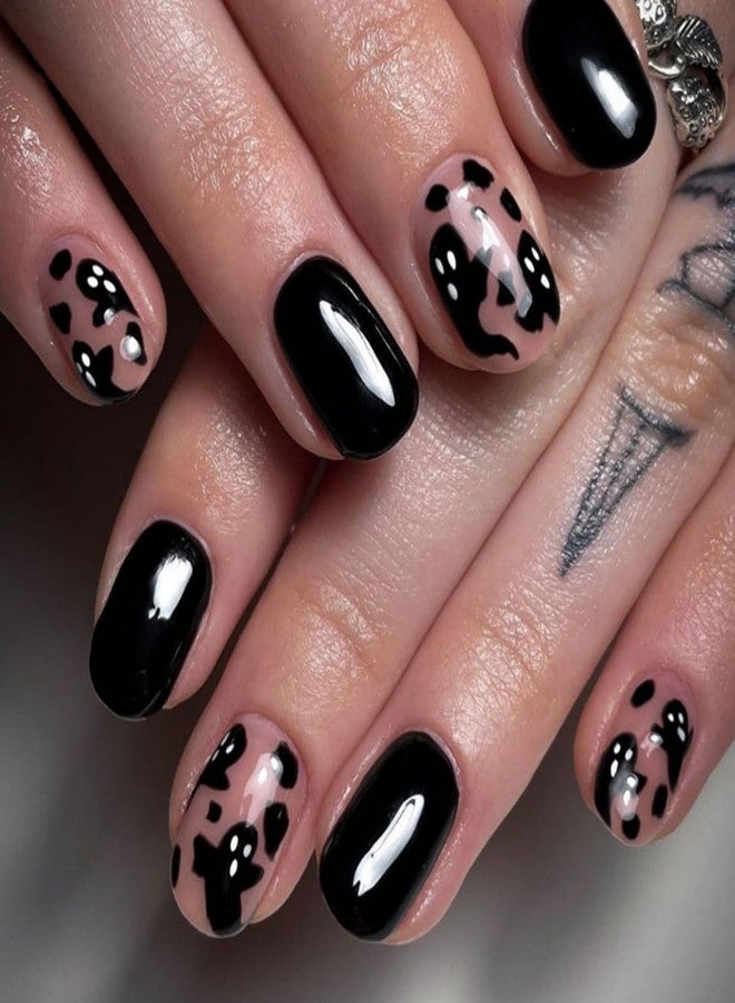 TOGZOM 24Pcs Halloween Press on Nails Short Square Fake Nails Ghost Desige Stick on Nails Glossy Black False Nails Artificial Handmade Full Cover Acrylic Glue on Nail for Women Girl Nail Art Decoration - Image 1