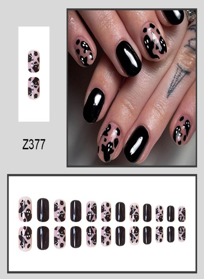 TOGZOM 24Pcs Halloween Press on Nails Short Square Fake Nails Ghost Desige Stick on Nails Glossy Black False Nails Artificial Handmade Full Cover Acrylic Glue on Nail for Women Girl Nail Art Decoration - Image 5