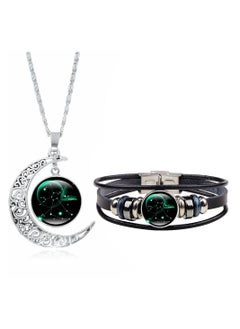Zodiac Necklace Bracelet Set, Retro Crescent Galaxy Necklace Pendant, PU Leather Constellation Bracelet Jewelry Set, 12 Constellation Necklace Bracelet, 2 Pcs