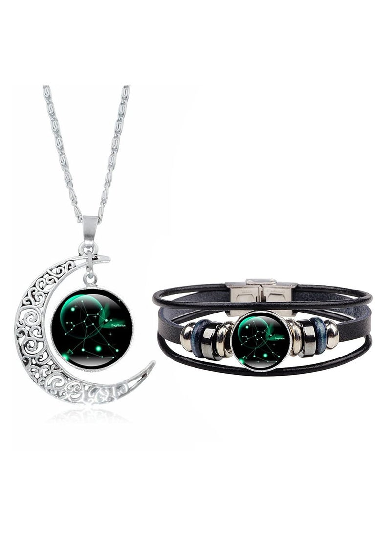 KASTWAVE - Zodiac Necklace Bracelet Set, Retro Crescent Galaxy Necklace Pendant, PU Leather Constellation Bracelet Jewelry Set, 12 Constellation Necklace Bracelet, 2 Pcs - Image 1