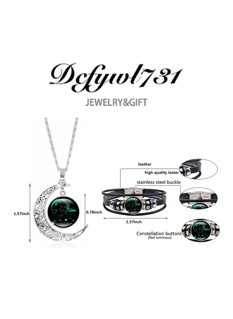 KASTWAVE - Zodiac Necklace Bracelet Set, Retro Crescent Galaxy Necklace Pendant, PU Leather Constellation Bracelet Jewelry Set, 12 Constellation Necklace Bracelet, 2 Pcs - Image 1