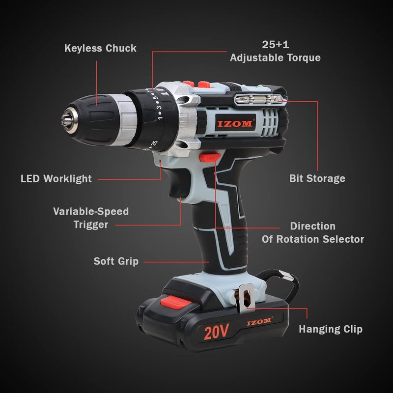 IZOM IZCDK20V Cordless Drill Machine Kit With Multiple Torque Settings A Keyless Chuck for Automatic Spindle Locking - Image 2