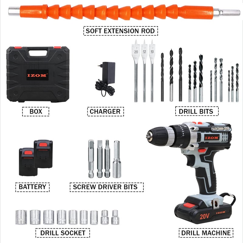 IZOM IZCDK20V Cordless Drill Machine Kit With Multiple Torque Settings A Keyless Chuck for Automatic Spindle Locking - Image 3