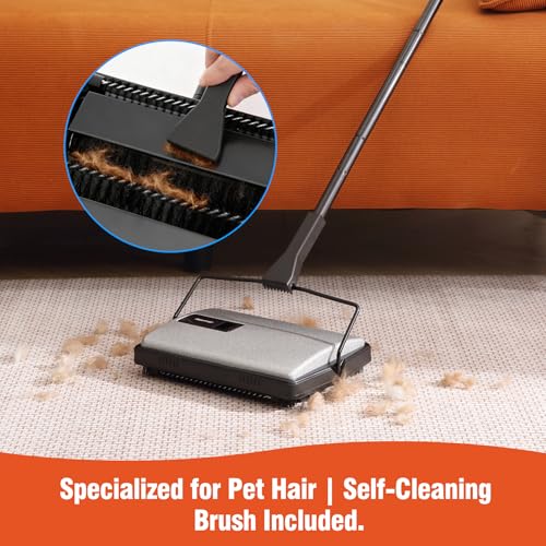 CLEANHOME Carpet Sweeper Manual Cordless - Non-Electric Push Sweeper for Pet Hair & Debris on Carpets & Rugs, Includes Cleaning Tool & Extra Replacement Roller - Image 3